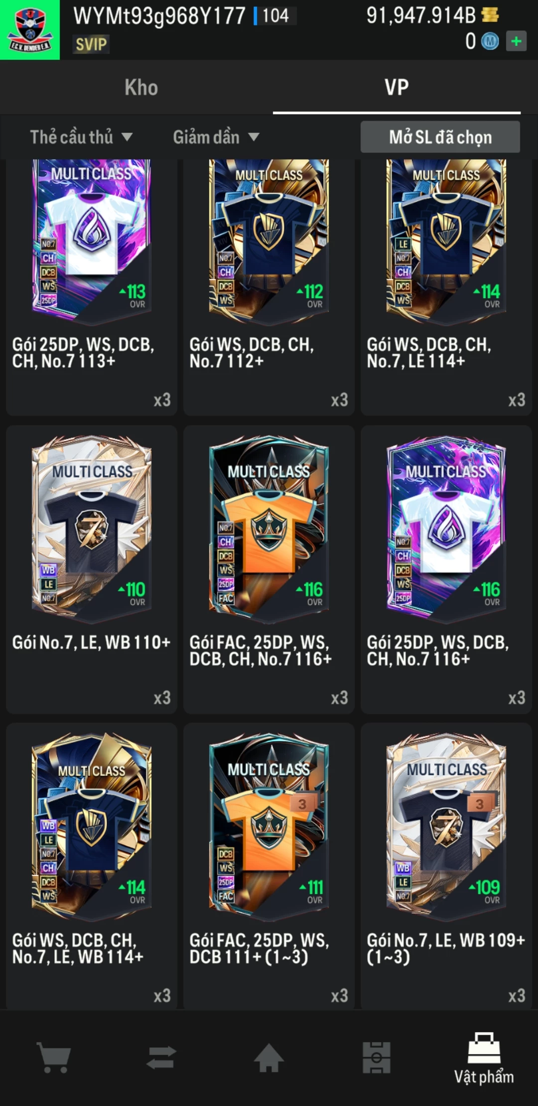 Ảnh ACC mở thẻ (LOẠI SUPER VIP) bao gồm có hơn 900+ đến 1100+ thẻ cầu thủ từ Siêu sao đến Miền núi các loại (ngẫu nhiên có: 01 thẻ +12 và 03 thẻ PRIME QH, XS, CP...) Acc có sẵn BP trắng từ 80.000 tỷ BP đến 120.000 tỷ BP kèm theo nhiều ngày SVIP